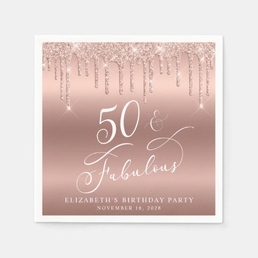 Roos Gold Glitter 50th Birthday Party Servet (Voorkant)