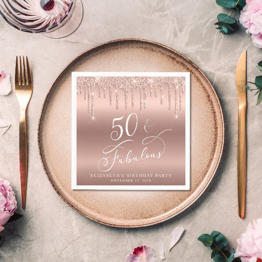 Roos Gold Glitter 50th Birthday Party Servet