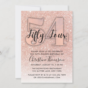 Roos Gold Glitter 54th Birthday Invitation Kaart