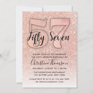 Roos Gold Glitter 57th Birthday Invitation Kaart