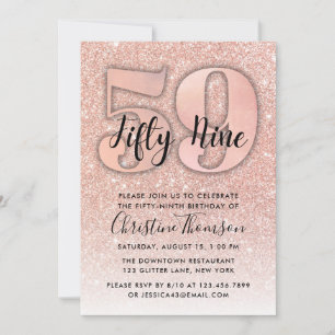 Roos Gold Glitter 59th Birthday Invitation Kaart