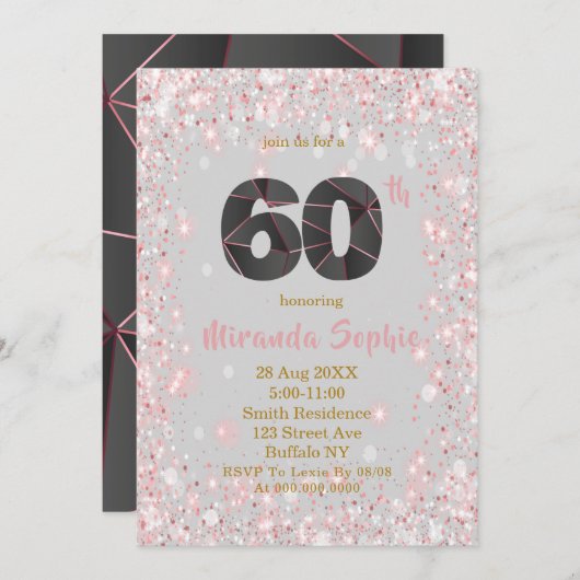 Roos Gold Glitter 60th Birthday Invitations (Voorkant / Achterkant)