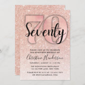 Roos Gold Glitter 70th Birthday Invitation Kaart (Voorkant / Achterkant)