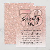 Roos Gold Glitter 76th Birthday Invitation Kaart (Voorkant / Achterkant)