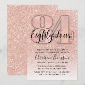 Roos Gold Glitter 84th Birthday Invitation Kaart (Voorkant / Achterkant)