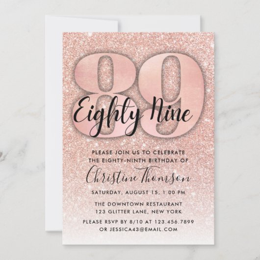 Roos Gold Glitter 89th Birthday Invitation Kaart (Voorkant)