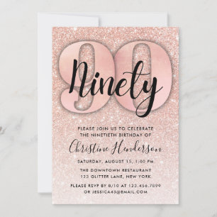 Roos Gold Glitter 90th Birthday Invitation Kaart