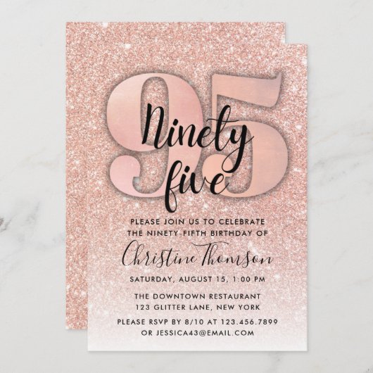 Roos Gold Glitter 95th Birthday Invitation Kaart (Voorkant / Achterkant)