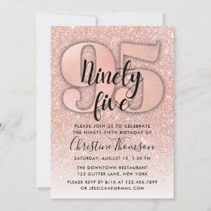 Roos Gold Glitter 95th Birthday Invitation Kaart
