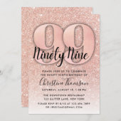 Roos Gold Glitter 99th Birthday Invitation Kaart (Voorkant / Achterkant)