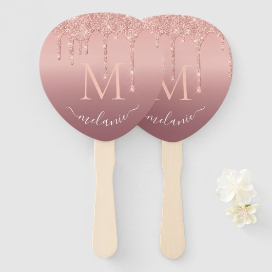 Roos Gold Glitter Aangepaste Letter Naam Hand Fan Handwaaier (Voorkant en achterkant)