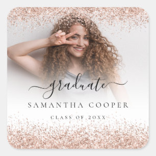 Roos Gold Glitter Afstudeerder Foto Name Class of Vierkante Sticker