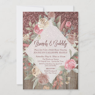 Roos Gold Glitter Barn Wood Floral Brunch & Bubble Kaart
