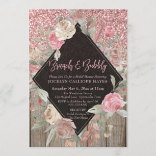 Roos Gold Glitter Barn Wood Floral Brunch & Bubble Kaart
