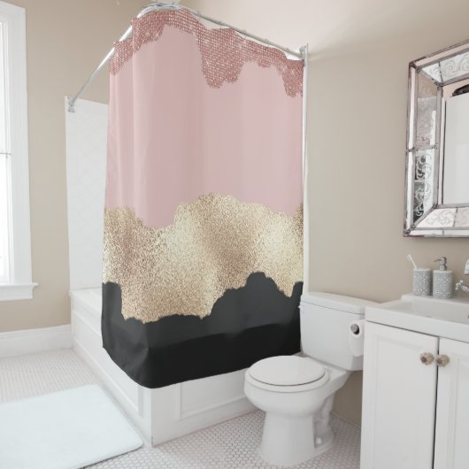 Roos Gold Glitter Black Pink Abstract Girly Art Douchegordijn (In situ)
