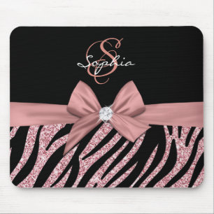 Roos Gold Glitter Black Zebra Stripes Bow Monogram Muismat
