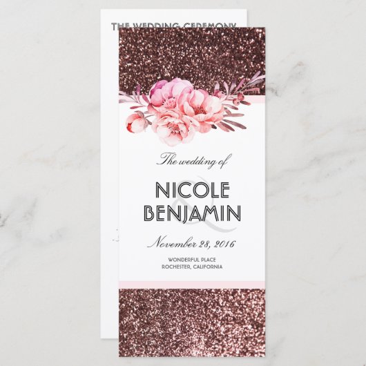 Roos Gold Glitter Bloemen Trouwprogramma's Programma (Voorkant / Achterkant)