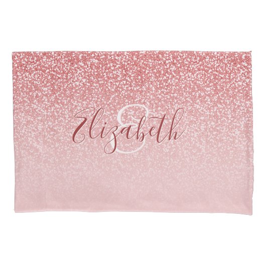 Roos Gold Glitter Blush Ombre Monogram Kussensloop (Voorkant)