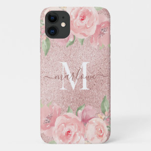 Roos Gold Glitter Blush Pink Floral Monogram iPhone 11 Hoesje