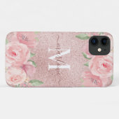 Roos Gold Glitter Blush Pink Floral Monogram Case-Mate iPhone Case (Achterkant (horizontaal))