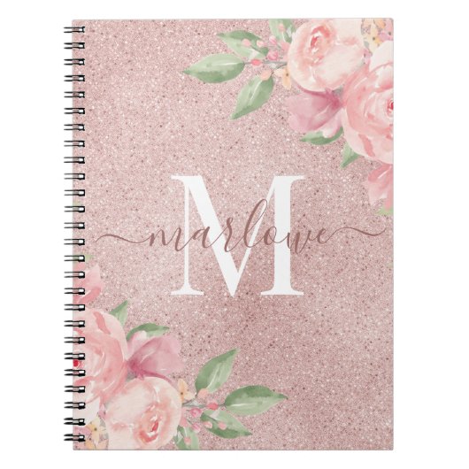 Roos Gold Glitter Blush Pink Floral Monogram Notitieboek (Voorkant)