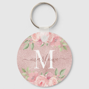 Roos Gold Glitter Blush Pink Floral Monogram Sleutelhanger