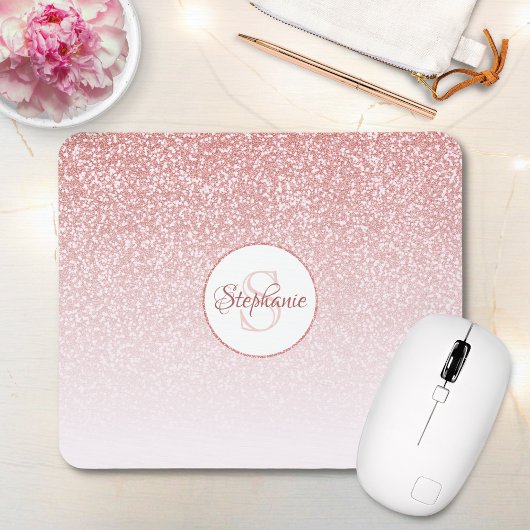 Roos Gold Glitter Blush Pink Ombre Monogram Muismat