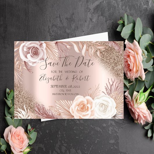 Roos Gold Glitter Boho Flowers Ombre Save the Date