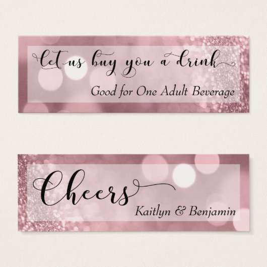 Roos Gold Glitter Bokeh Script Mini Drink Ticket Visitekaartjes (Voorkant /achterkant)
