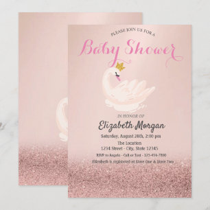 Roos Gold Glitter Bokeh, Swan Crown Baby shower Kaart