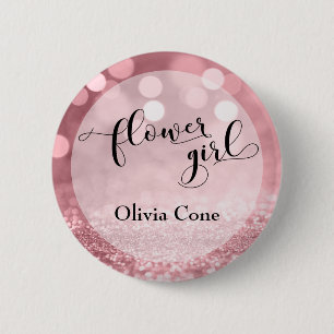 Roos Gold Glitter Bokeh Typografie Bloemenmeisje Ronde Button 5,7 Cm