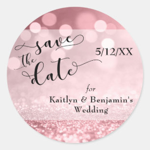 Roos Gold Glitter Bokeh & Typografie Save the Date Ronde Sticker