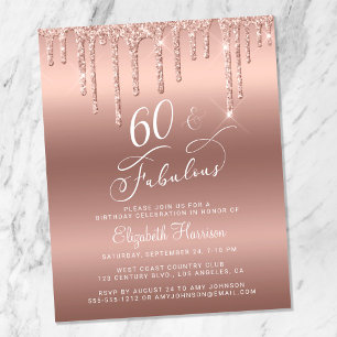 Roos Gold Glitter Budget 60e verjaardag Uitnodigin