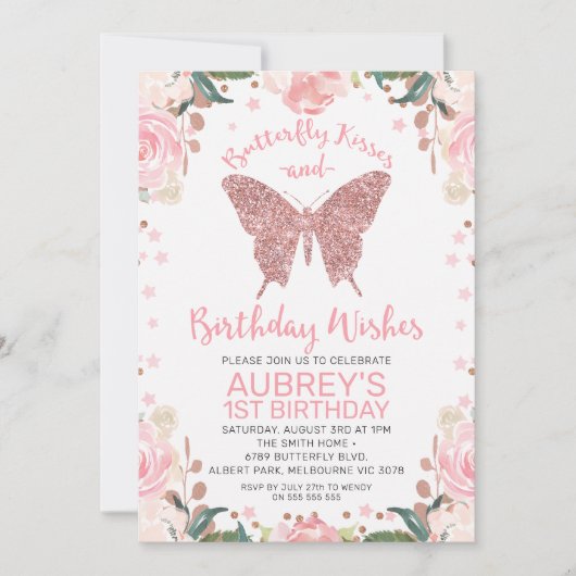 Roos Gold Glitter Butterfly Kisses Birthday Wishes Kaart (Voorkant)