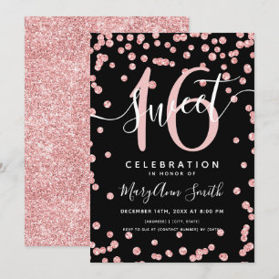 Roos Gold Glitter Confetti 16th Birthday Black Kaart