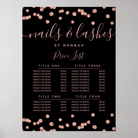 Roos Gold Glitter Confetti Salon Price Menu Black Poster (Voorkant)