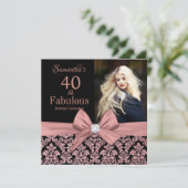 Roos gold glitter damask 40th Birthday Invitation Kaart (Staand voorkant)