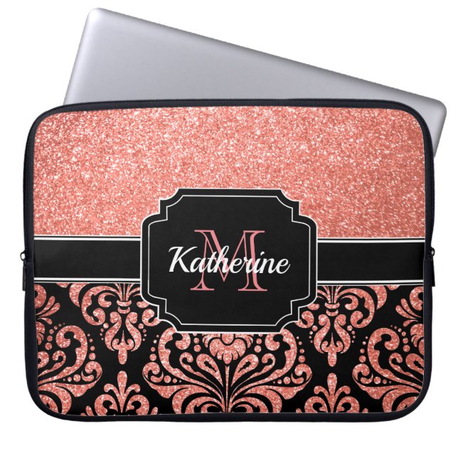 Roos Gold Glitter Damask Laptop Sleeve (Voorkant)