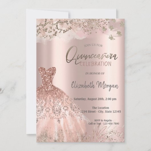 Roos Gold Glitter Diamonds Chic Dress Quinceañera Kaart (Voorkant)