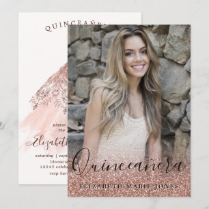 Roos Gold Glitter Dress Foto QUINCEAÑERA Birthday Kaart