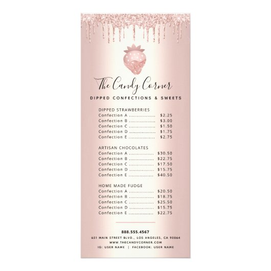 Roos Gold Glitter Drift Strawberry Dessert Menu (Voorkant)