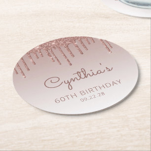 Roos Gold Glitter Drip 60e verjaardag Ronde Kartonnen Onderzetter