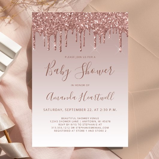 Roos Gold Glitter Drip Baby shower Invitation