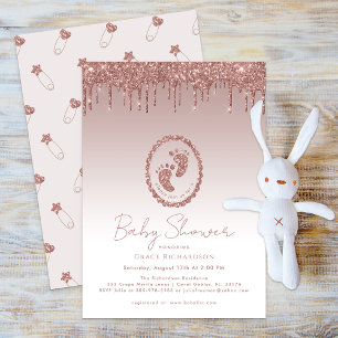 Roos Gold Glitter Drip Baby shower Invitation Kaart