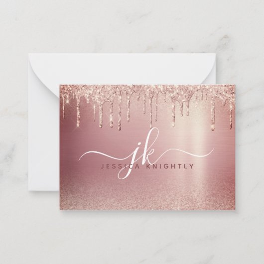 Roos Gold Glitter Drip Elegant Monogram Initiaal Notitiekaartje (Voorkant)