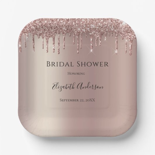 Roos Gold Glitter Drip Glam Trendy Vrijgezellenfee Papieren Bordje (Voorkant)