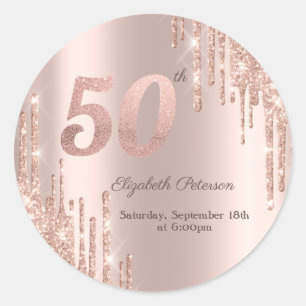 Roos Gold Glitter Drips 50e verjaardag Ronde Sticker