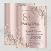 Roos Gold Glitter Drips Boho Rozen 80e verjaardag Kaart (Voorkant / Achterkant)