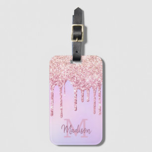 Roos Gold Glitter Drips Eenhoorn Ombre Monogrammed Bagagelabel