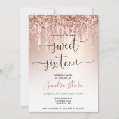 Roos Gold Glitter Drips Girly Modern Sweet 16 Kaart (Voorkant)
